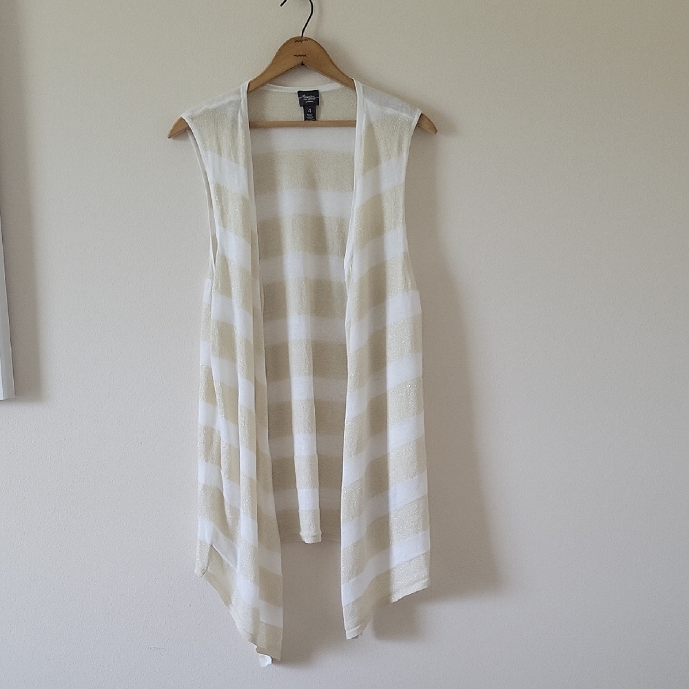 Chico's Travelers White Tan Stripe Sleeveless Open Cardigan Size XXL